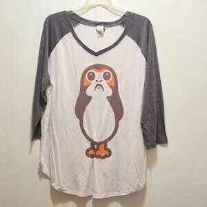 Star Wars Jedi Porg Bird Graphic Raglan T-Shirt White Gray 2XL XXL
